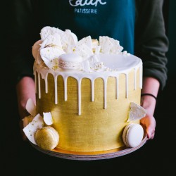 Gold Painted Cake with Macarons and Candy Shards