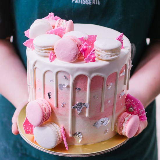 Marbled Cake with Candy Shards and Macaron Decor