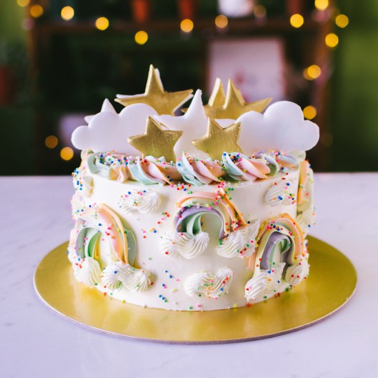 Piped Rainbow and Clouds Cake with Fondant Stars