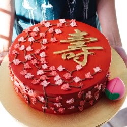 Red and Gold Floral Longevity Cake