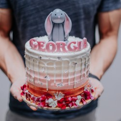 Rose Gold Ombre Striped Cake with Edible Flowers & Fondant Rabbit Topper