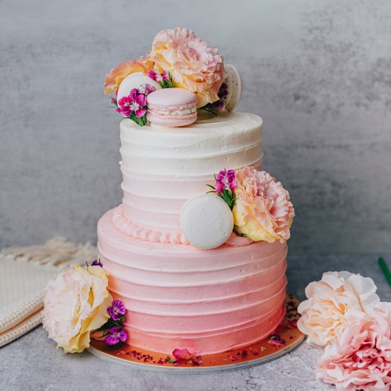 Two Tier Pink Ombre with Florals and Macarons
