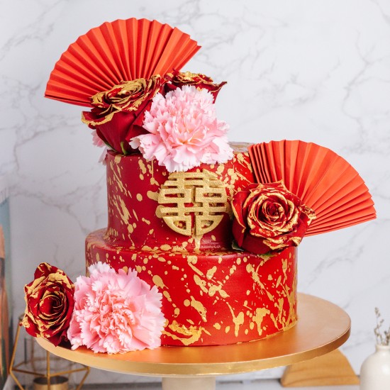 Auspicious Double Happiness Wedding Cake - Two Tier