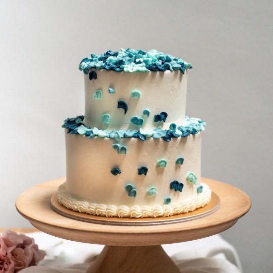 Blue & Navy Piped Hydrangea Cake - Two Tier