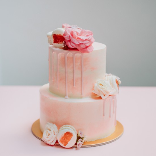 Two Tier Pink Marble Cake with Florals and Macarons
