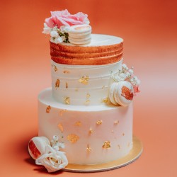 Two Tier Rose Gold & Pink Cake with Florals and Macarons