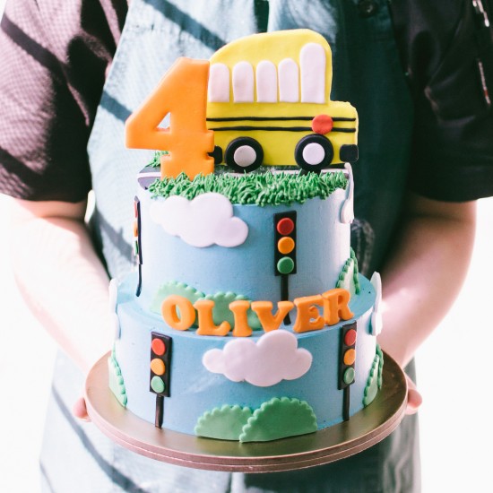 Two Tier Yellow Bus Cake